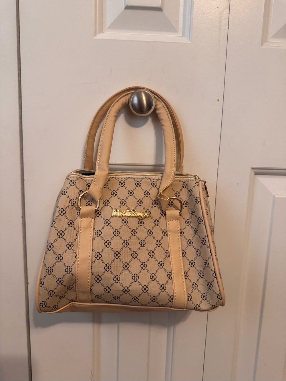 Beige Patterned Satchel Handbag - Unbranded